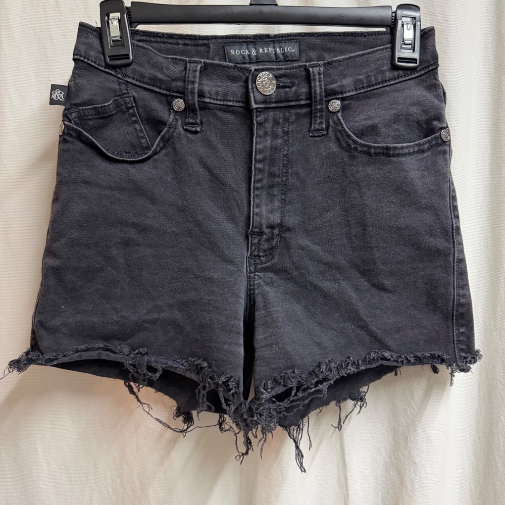 Rock & Republic Womens Black Denim Cutoff Shorts Winged Skull Grunge Rock Size 6